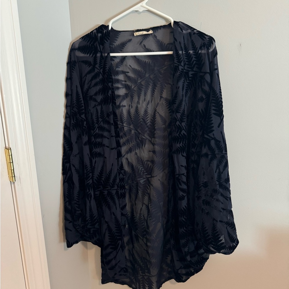 Floreat Sheer Black Fern Velvet Pattern Kimono